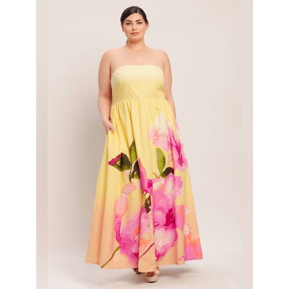 Plus Size Strapless Floral Maxi Dress Yellow Pink Wedding Guest Summer - Picture 2 of 5